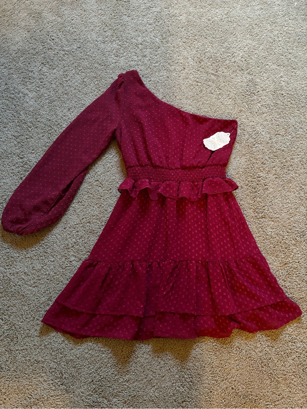 Altar’d State One Shoulder Burgundy Mini Dress Textured Clip Dot Fabric Sz S NWT